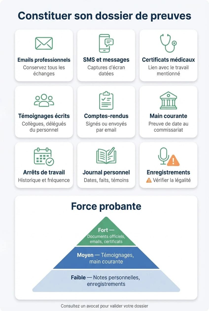 Guide visuel pour constituer un dossier de preuves de harcèlement moral au travail : journal, emails, témoignages, certificats médicaux