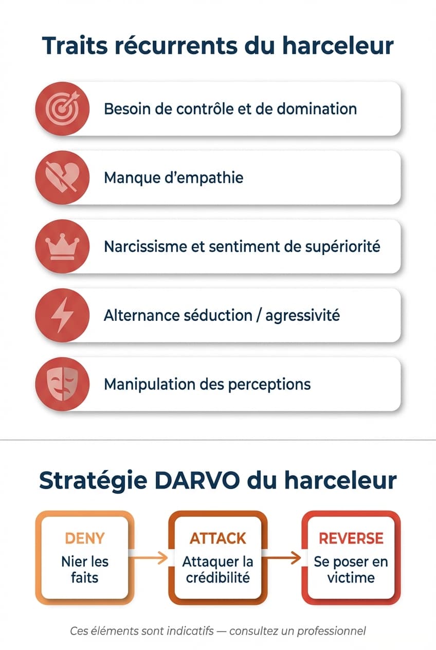 Infographie du profil du harceleur moral au travail : 5 traits de personnalité et stratégie DARVO