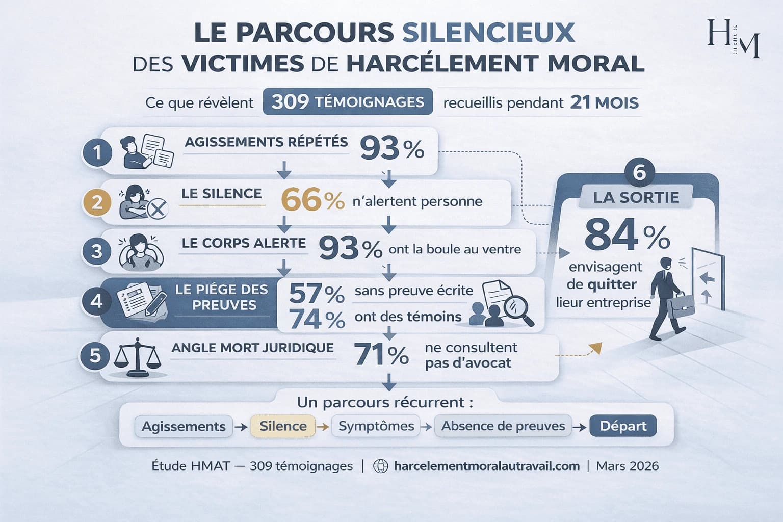 Infographie HMAT : 6 résultats clés de l'étude sur le harcèlement moral au travail — 309 témoignages, 2022-2024. 66% n'alertent personne, 93% d'agissements répétés, 3,4 types d'agissements en moyenne, 57% sans preuve écrite, 87% de douleurs physiques, 71% n'ont pas pensé à un avocat.