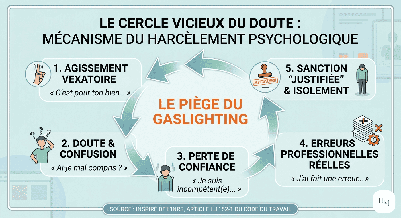 Le cercle vicieux du doute : agissement vexatoire, doute et confusion, perte de confiance, erreurs professionnelles réelles, sanction « justifiée » et isolement — le piège du gaslighting au travail.