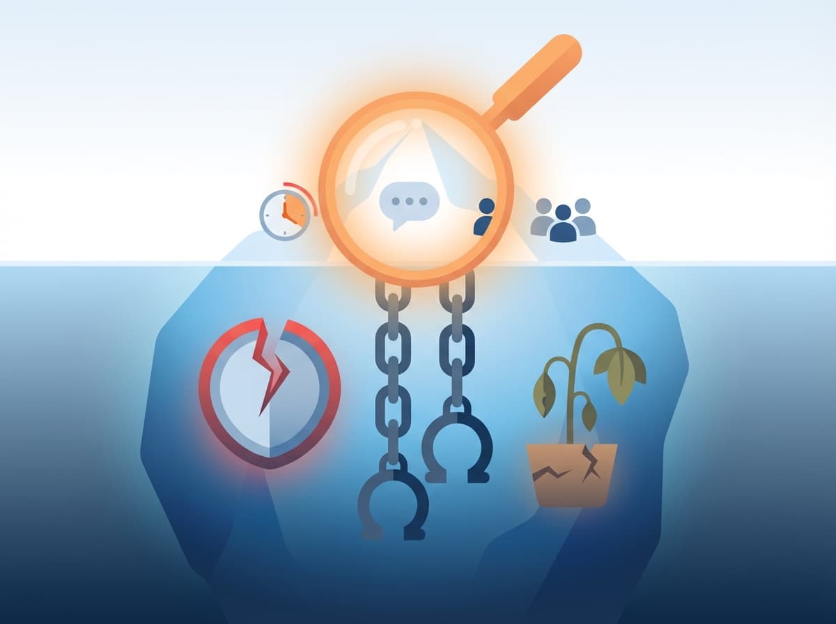 Métaphore de l'iceberg illustrant les signaux faibles du harcèlement moral au travail : comportements visibles en surface et mécanismes cachés en profondeur